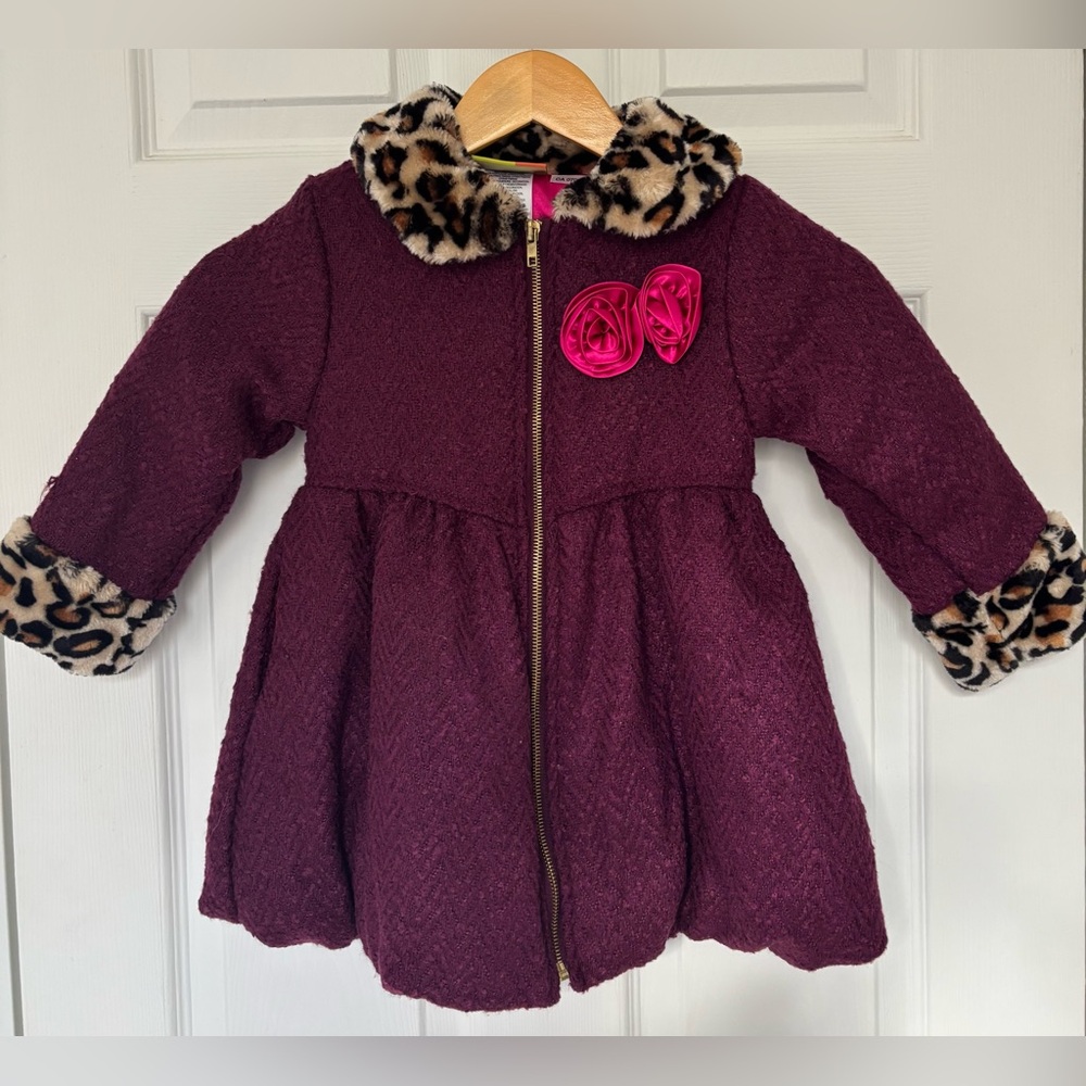 Penelope Mack Faux Fur Leopard Trim Burgundy Kids Coat 4T